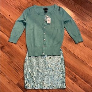 Wet Seal Aqua Cardigan and Sparkling Skirt Set